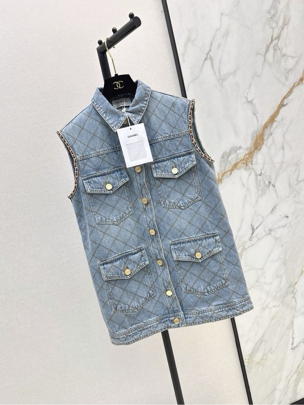 CHANEL Quilted Light Blue Denim Sleeveless Vest with Gold-Tone Buttons - Picture 2 of 9